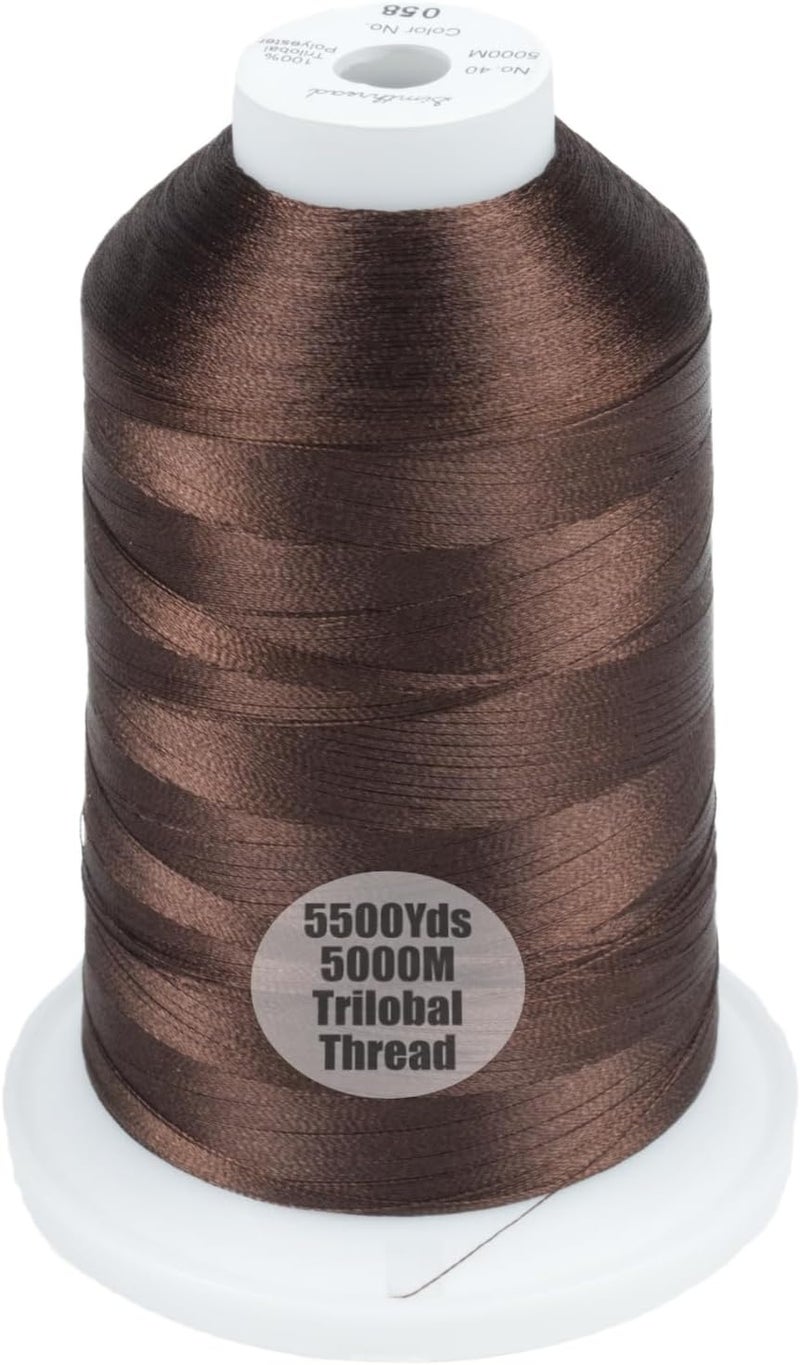 simthread Trilobal Polyester Thread – 5000M (5500yds) No.40 – Super Sheen, Tangle-Free – Built-in Thread Lock Spool – Compatible with Brother, Singer, Janome & More, Dark Brown-058 - Image 1